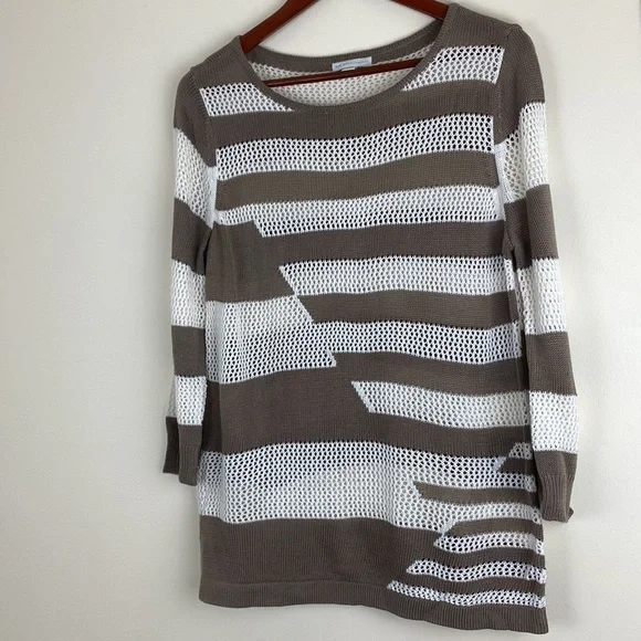 New York and Company Woman’s Large Open Weave Sweater Brown and White Crewneck - Picture 2 of 6